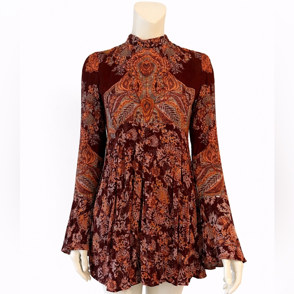 Free People Boho Paisley High-Neck Tunic Dress in Burgundy & Rust